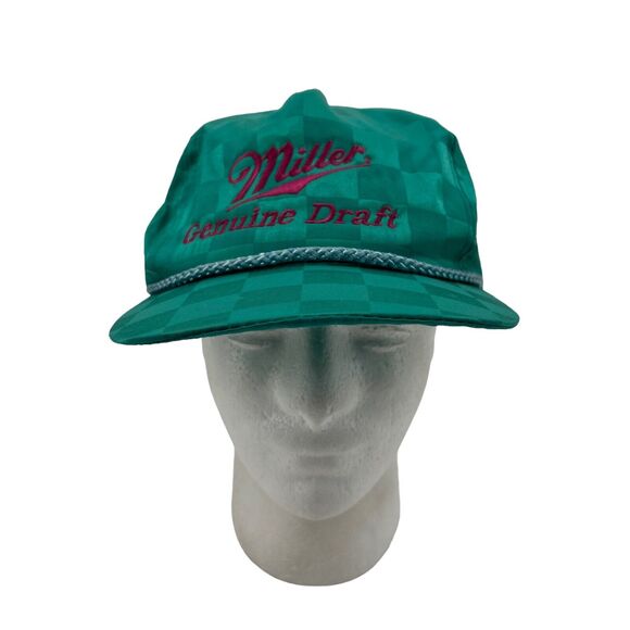 Vintage Miller Genuine Draft Hat Mens Strapback Green Checkered San Sun Cap - Picture 1 of 12